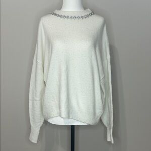 H&M White Crewneck Sweater with Jeweled Neckline